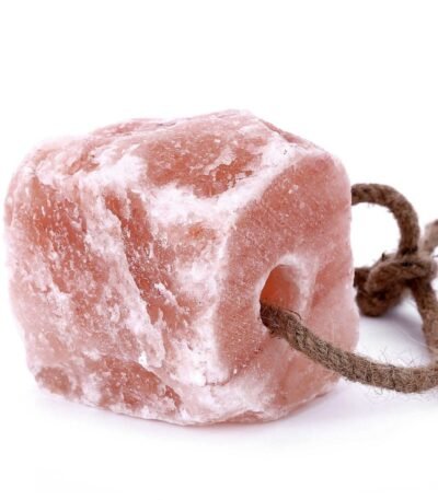 Natural rough-cut pink Himalayan rock salt animal lick block with a durable hanging rope.