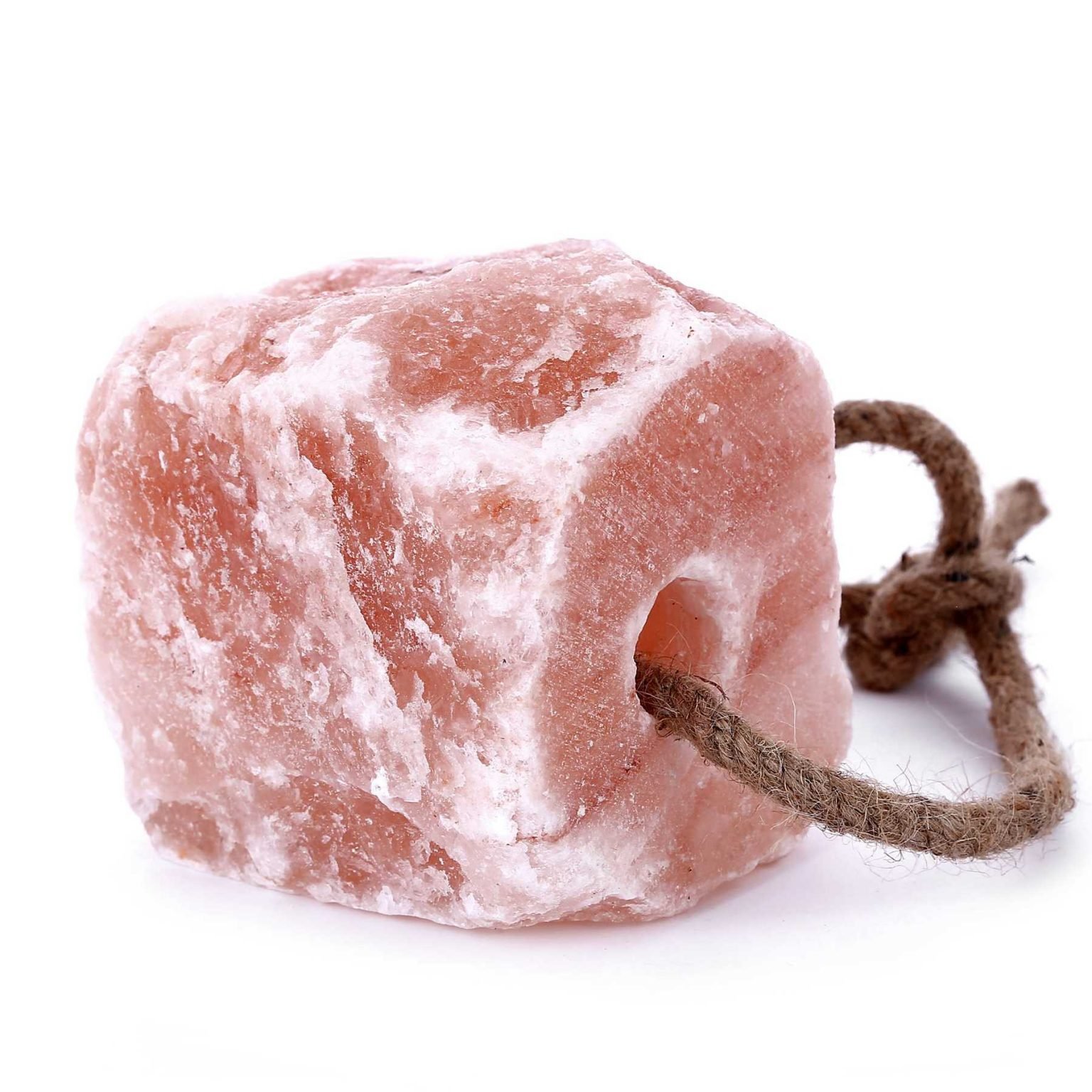 Natural Himalayan Pink Salt Animal Lick on Rope - Livestock Mineral Block Natural rough-cut pink Himalayan rock salt animal lick block with a durable hanging rope.