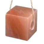 Handcrafted cube-shaped Himalayan Pink Salt Animal Lick Block with a central hole and hanging rope