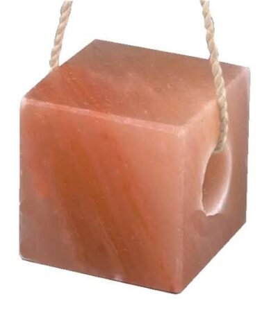 Handcrafted cube-shaped Himalayan Pink Salt Animal Lick Block with a central hole and hanging rope