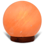 Handcrafted USB ball shaped Himalayan pink salt lamp with smooth spherical contours mounted on a dark wooden base.