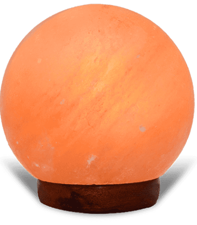 Handcrafted USB ball shaped Himalayan pink salt lamp with smooth spherical contours mounted on a dark wooden base.