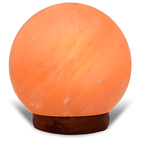 Handcrafted USB Ball Shaped Himalayan Pink Salt Lamp - Desktop Wellness Decor Handcrafted USB ball shaped Himalayan pink salt lamp with smooth spherical contours mounted on a dark wooden base.