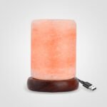 Handcrafted USB cylinder shaped Himalayan pink salt lamp mounted on a dark circular wooden base with USB cable
