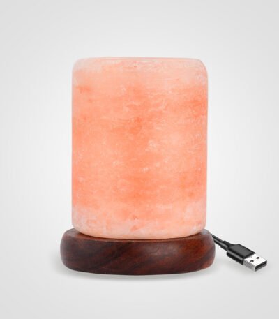 Handcrafted USB cylinder shaped Himalayan pink salt lamp mounted on a dark circular wooden base with USB cable