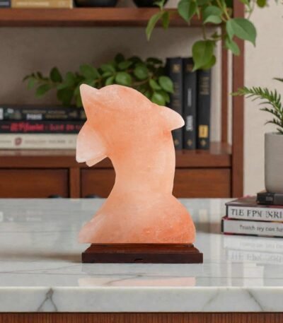 Handcrafted dolphin shape USB lamp carved from pink Himalayan salt with sculpted fins mounted on a dark wooden base