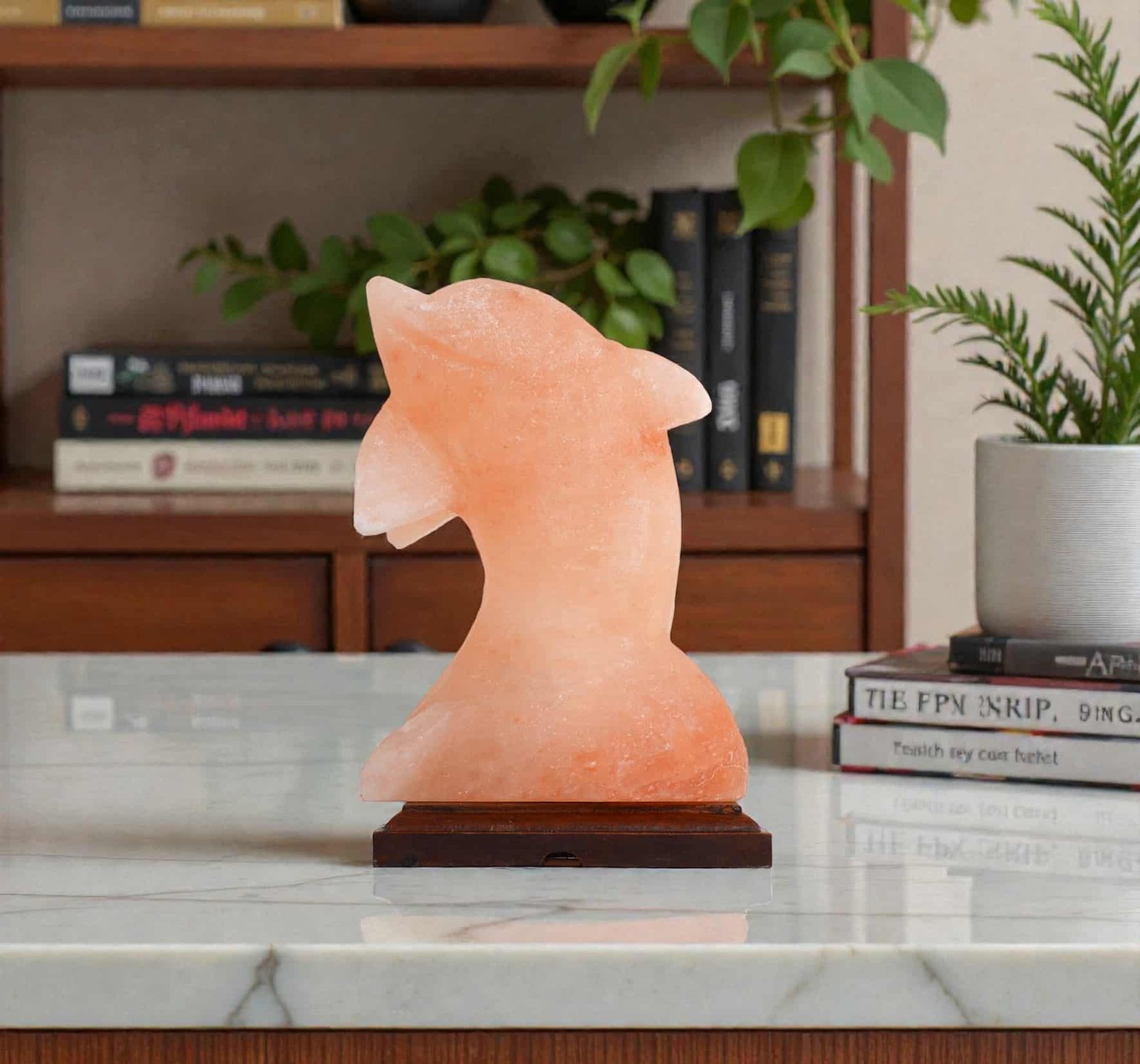 Handcrafted dolphin shape USB lamp carved from pink Himalayan salt with sculpted fins mounted on a dark wooden base