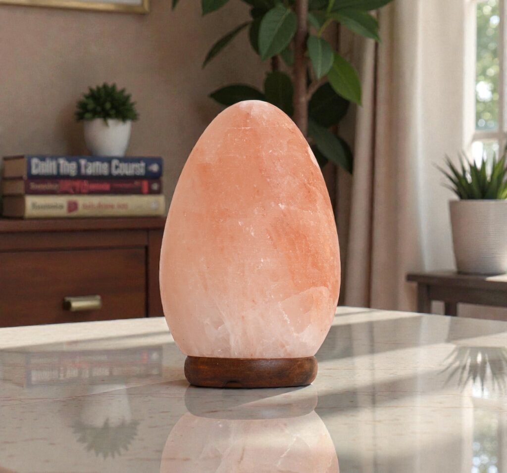 Handcrafted egg shape lamp USB lamp with smooth polished oval contours mounted on a dark wooden base