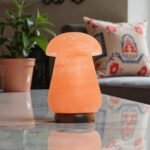 Handcrafted mushroom shape table lamp with smooth rounded cap carved from Himalayan pink salt mounted on a dark wooden base