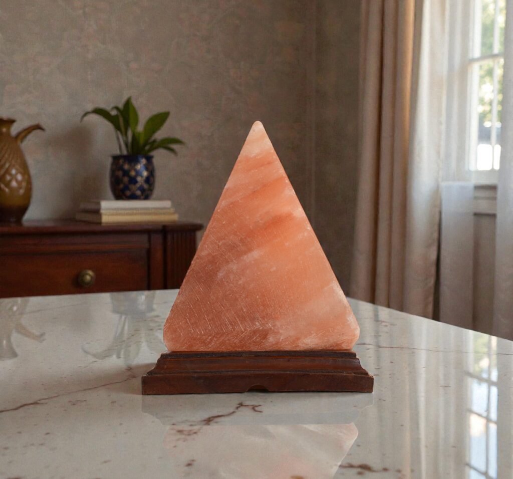 Handcrafted pyramid shape table lamp with smooth angled facets carved from Himalayan pink salt mounted on a stepped wooden base