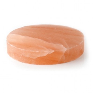 Handcrafted smooth round Himalayan Pink Salt Massage Stone disc carved from pure natural rock salt crystal