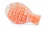 Hand-carved Himalayan pink salt foot scrub bar with grid texture on white background