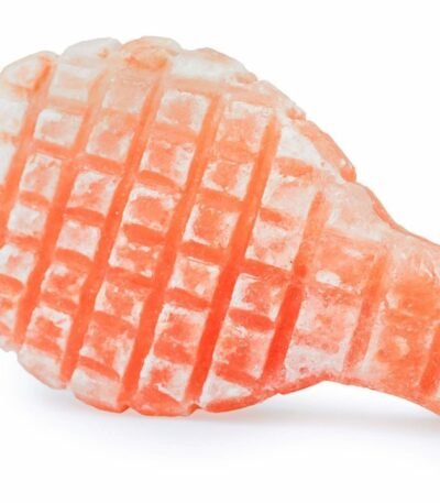 Hand-carved Himalayan pink salt foot scrub bar with grid texture on white background