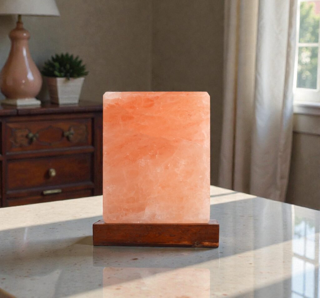 Handcrafted illuminated square table USB lamp carved from Himalayan pink salt mounted on a square dark wooden base