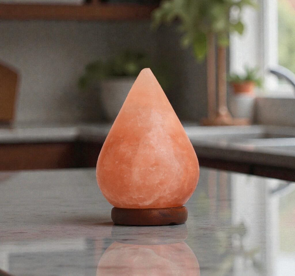 Handcrafted illuminated tear drop table lamp carved from Himalayan pink salt mounted on a circular dark wooden base