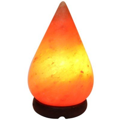 Handcrafted tear drop shape lamp carved from Himalayan pink salt mounted on a circular dark wooden base