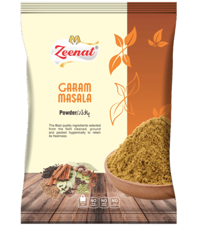 Zeenat garam masala powder spice pouch with ground allspice scoop and whole spices.