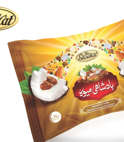 Badshahi Mewa sweetened dry fruit mix pouch with Halal logo, roasted almonds, and coconut graphics