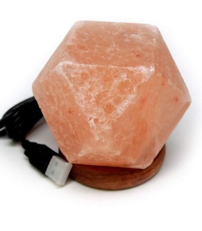 Handcrafted diamond shape pink salt USB lamp with faceted geometric surfaces mounted on a dark wooden base