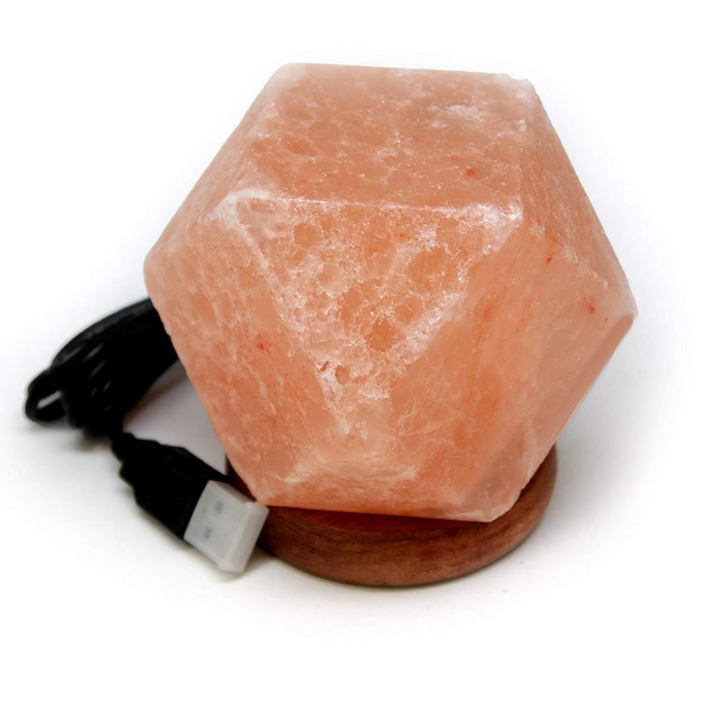 Diamond Shape Pink Salt USB Lamp - Desktop Wellness Decor Handcrafted diamond shape pink salt USB lamp with faceted geometric surfaces mounted on a dark wooden base