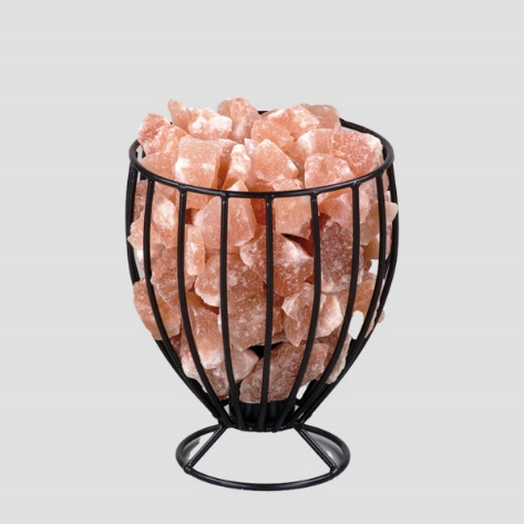 Black Wire Goblet Himalayan Pink Salt Lamp - Natural Decor & Wellness Light Handcrafted black wire goblet basket on pedestal base filled with raw Himalayan pink salt crystal chunks.