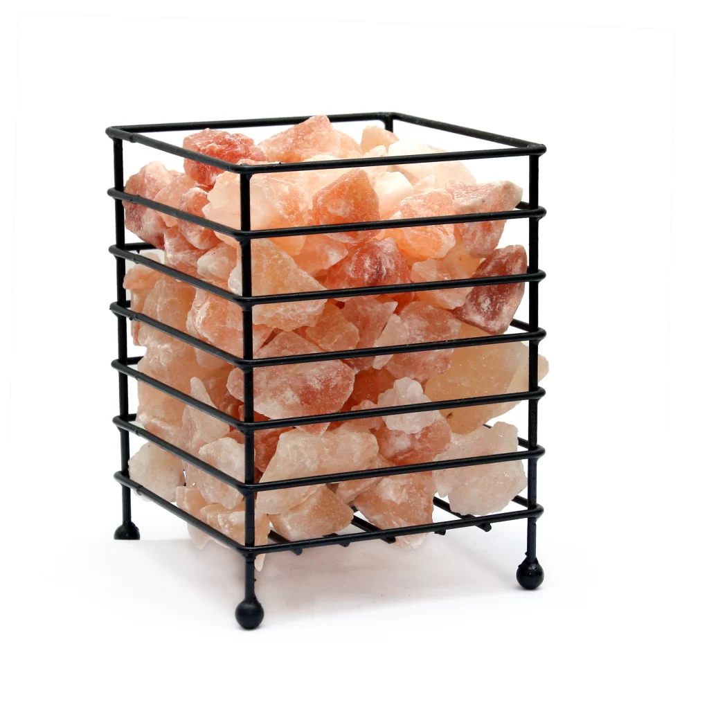 Square Black Wire Basket Himalayan Pink Salt Lamp - Modern Decor & Wellness Light Handcrafted square matte black metal wire basket on ball feet filled with raw Himalayan pink salt crystal chunks.