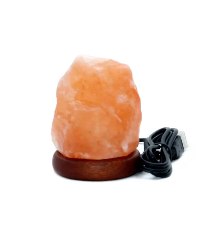 Handcrafted natural shape USB mini Himalayan pink salt lamp mounted on a dark wooden base with black USB cable.