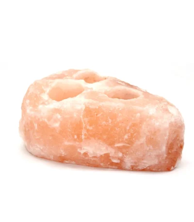 Handcrafted natural rough Himalayan pink salt 3-hole tealight candle holder carved from natural rock salt crystal
