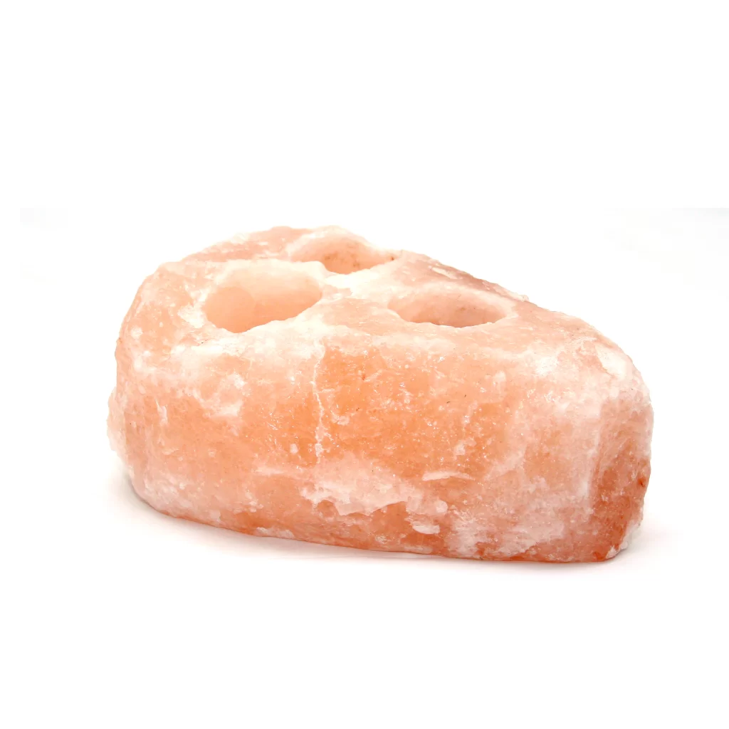 Himalayan Pink Salt 3-Hole Tealight Candle Holder - Ambient Home Decor Handcrafted natural rough Himalayan pink salt 3-hole tealight candle holder carved from natural rock salt crystal