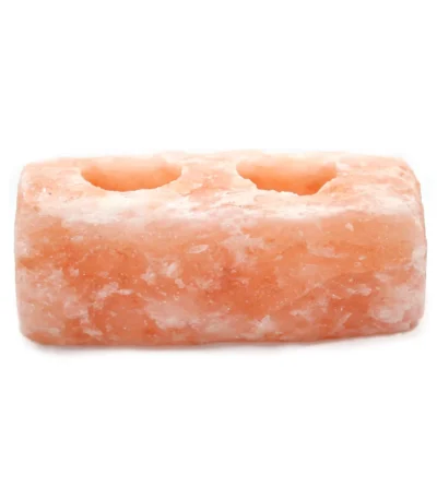Handcrafted rectangular Himalayan pink salt double tealight candle holder carved from natural rock salt crystal.