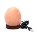 Handcrafted USB egg shaped Himalayan pink salt lamp with smooth ovoid contours mounted on a dark wooden base.