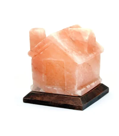 Handcrafted house shaped Himalayan pink salt lamp with chimney mounted on a square dark wooden base.
