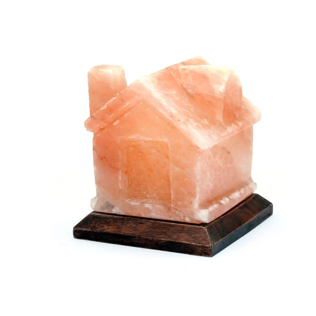 Handcrafted House Shaped Himalayan Pink Salt Lamp - Ambient Home Decor Handcrafted house shaped Himalayan pink salt lamp with chimney mounted on a square dark wooden base.