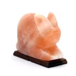 Handcrafted rabbit shaped Himalayan pink salt lamp with carved ears mounted on a dark wooden base.