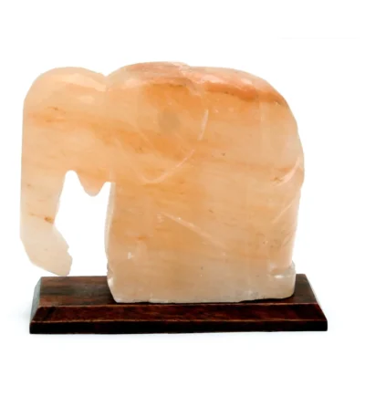 Handcrafted USB elephant shaped Himalayan pink salt lamp with carved trunk mounted on a dark rectangular wooden base.