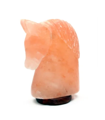 Handcrafted USB horse shaped Himalayan pink salt lamp with carved mane mounted on a dark wooden base.
