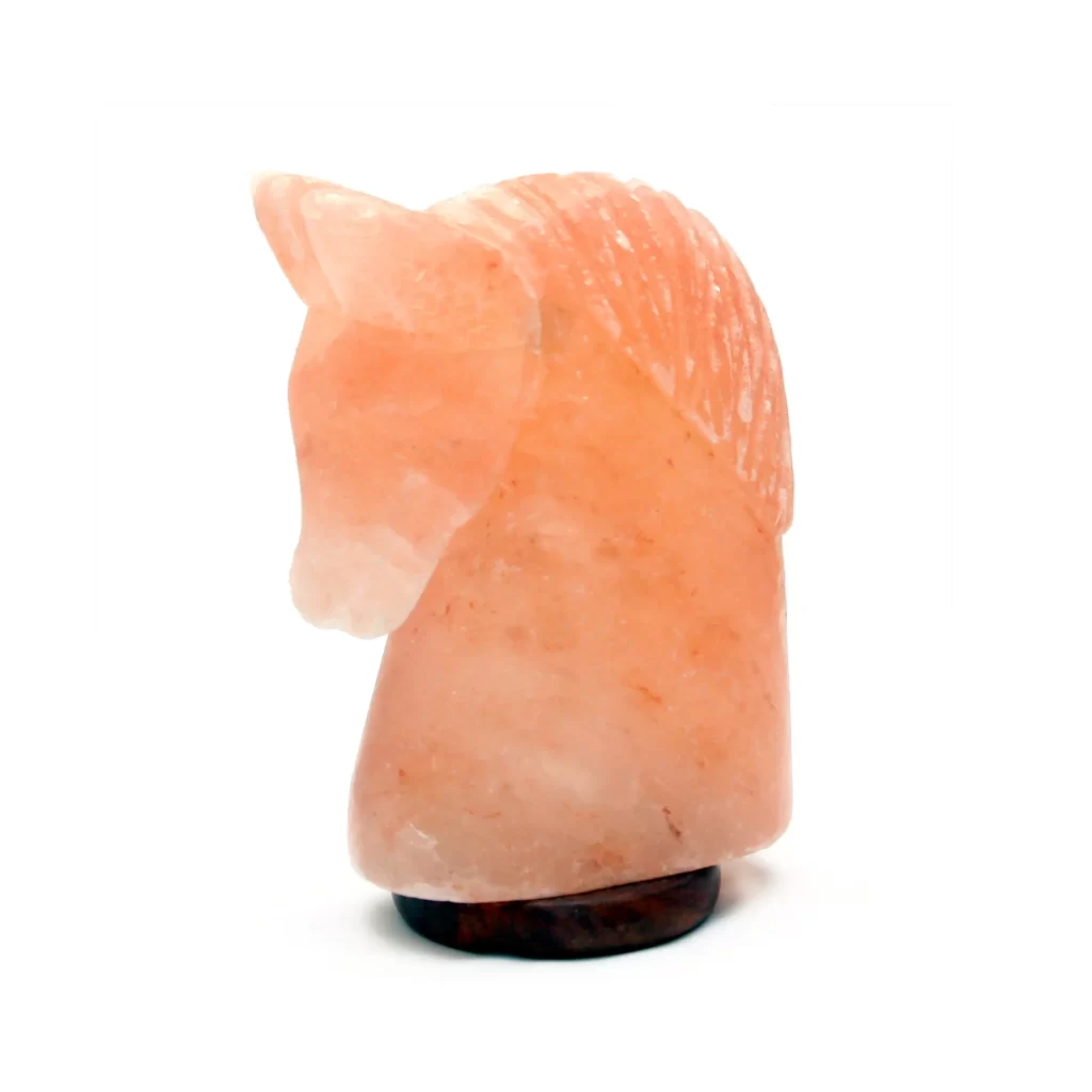 Handcrafted USB Horse Shaped Himalayan Pink Salt Lamp - Desktop Wellness Decor Handcrafted USB horse shaped Himalayan pink salt lamp with carved mane mounted on a dark wooden base.