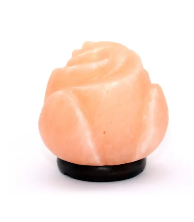 Handcrafted mini USB rose shaped Himalayan pink salt lamp with sculpted petal layers mounted on a dark circular wooden base.