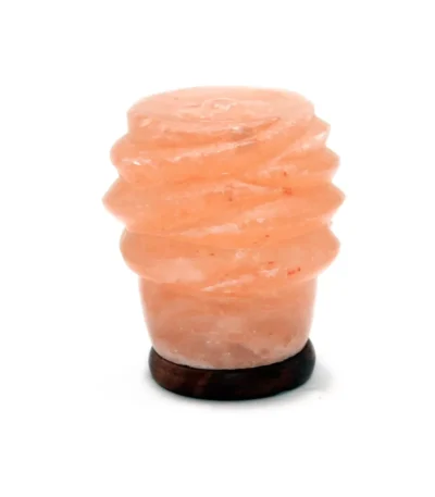 Handcrafted USB mini twist salt lamp with sculpted spiral ridges mounted on a dark circular wooden base