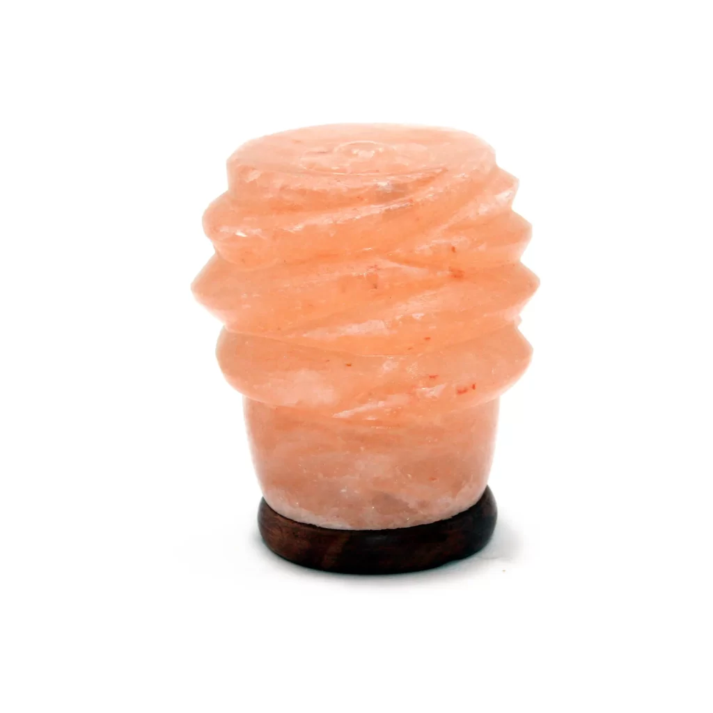 Handcrafted USB mini twist salt lamp with sculpted spiral ridges mounted on a dark circular wooden base