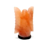 Handcrafted mini USB angel shaped Himalayan pink salt lamp with sculpted wings mounted on a dark circular wooden base.