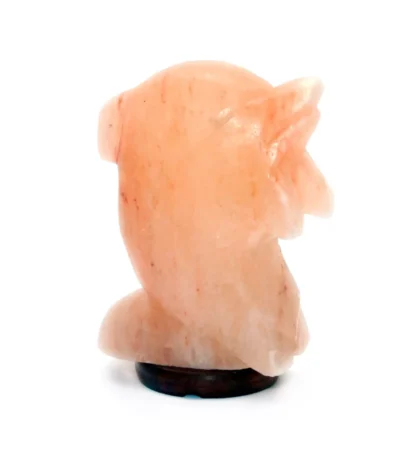 Handcrafted USB dolphin shaped Himalayan pink salt lamp with carved fin details mounted on a dark circular wooden base.