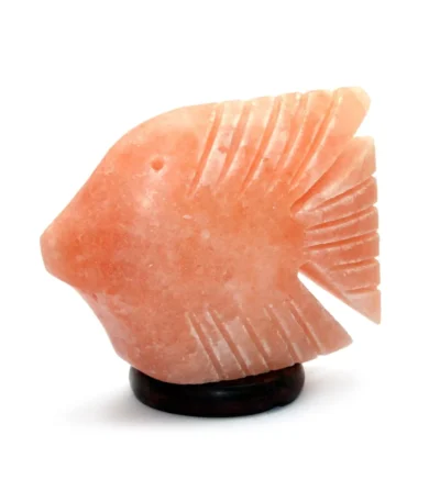 Handcrafted USB fish shaped Himalayan pink salt lamp with carved fin ridges mounted on a dark wooden base.