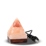 Handcrafted USB pyramid shaped Himalayan pink salt lamp with smooth angled facets mounted on a dark circular wooden base.