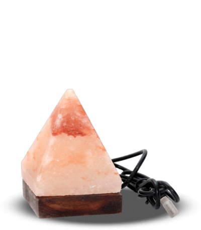 Handcrafted USB pyramid shaped Himalayan pink salt lamp with smooth angled facets mounted on a dark circular wooden base.