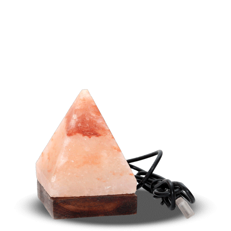 Handcrafted USB Pyramid Shaped Himalayan Pink Salt Lamp - Desktop Wellness Decor Handcrafted USB pyramid shaped Himalayan pink salt lamp with smooth angled facets mounted on a dark circular wooden base.