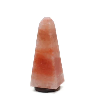 Handcrafted smooth pyramid-shaped Himalayan pink salt lamp mounted on a round dark wooden base.