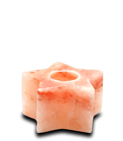 Handcrafted 5-point star-shaped Himalayan pink salt tealight candle holder carved from natural rock salt crystal.