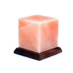 Handcrafted USB rectangle shaped Himalayan pink salt lamp mounted on a dark circular wooden base.