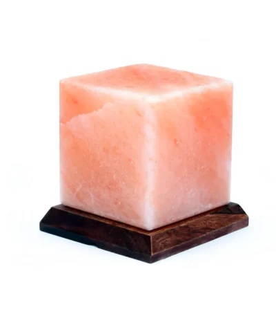 Handcrafted USB rectangle shaped Himalayan pink salt lamp mounted on a dark circular wooden base.